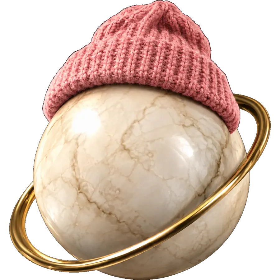 Orbio, a marble orb with a gold ring wearing a pink knit beanie
